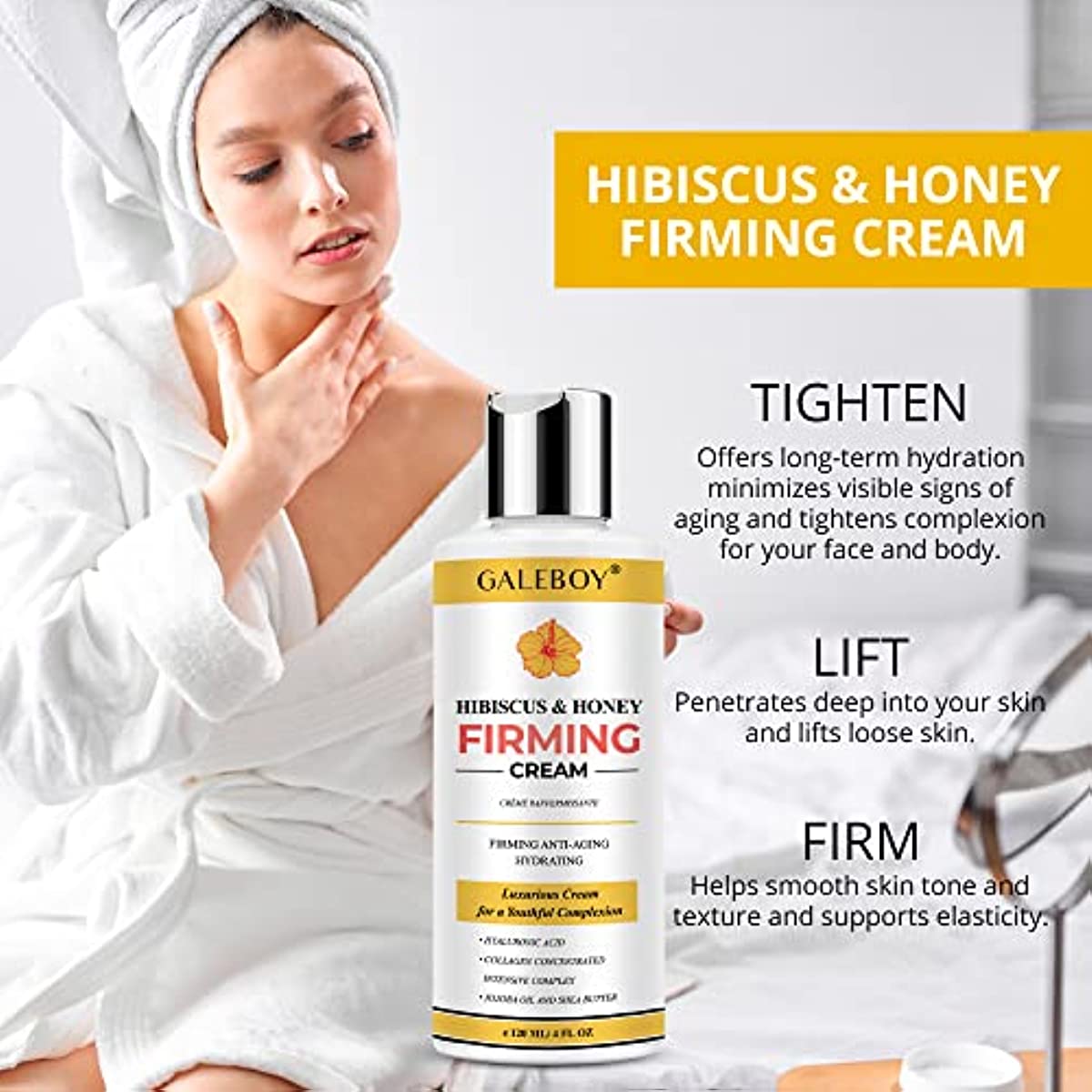 Hibiscus and Honey Firming Cream, Neck Firming Cream, Double Chin Reducer, Skin Firming and Tightening Lotion Cream, Neck Cream for Sagging Skin, Body Tight Cellulite Cream, Firming Lotion for Body Loose Skin-Anti Aging, Lifting, Anti Wrinkles-With Collagen & Hyaluronic Acid-4 oz 120ml
