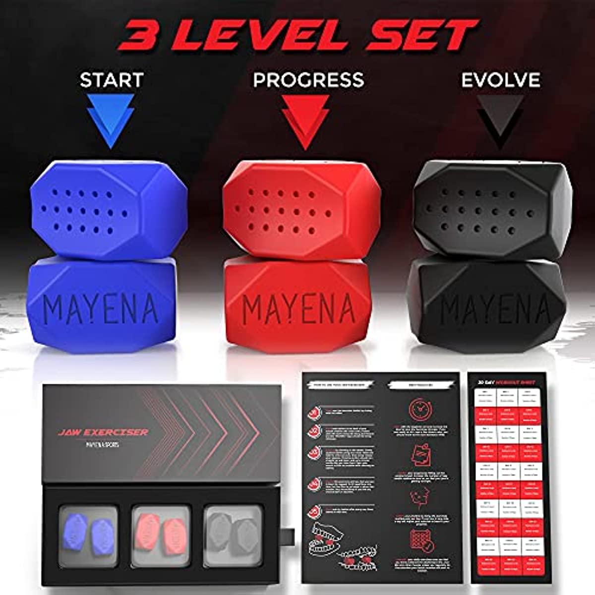 Mayena Sports Jawline Exerciser for Men & Women – 3 Resistance Levels (6 pcs) Silicone Jaw Exerciser Tablets – Powerful Jaw Trainer for Beginner, Intermediate & Advanced Users – Slims & Tones the Face