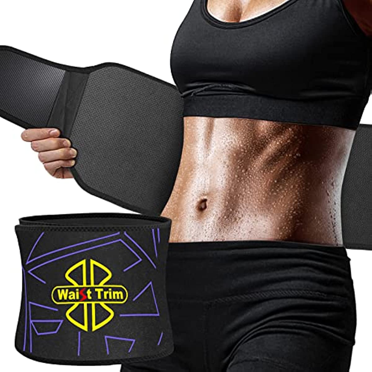 Fovbun Waist Trainer for Women & Men, Sweat Belt for Belly/Back/Lumbar Support, Stretchable Neoprene Sauna Tummy Control Workout Waist Trimmer, 55’’ Long Adjustable Straps, Slimming Body Shaper Black