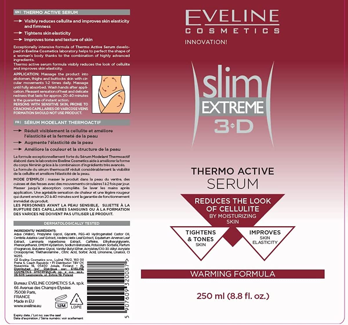 Eveline Slim Extreme 3D Thermo Active Cellulite Cream Hot Serum Treatment for Shaping Waist, Abdomen and Buttocks,