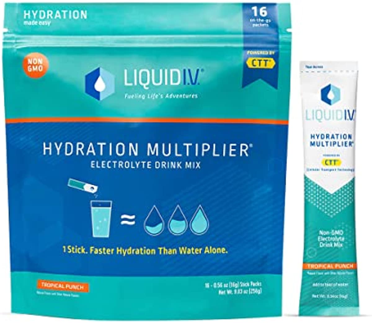 Liquid I.V. Hydration Multiplier - Tropical Punch - Hydration Powder Packets | Electrolyte Drink Mix | Easy Open Single-Serving Stick | Non-GMO (16 Count (Pack of 1))