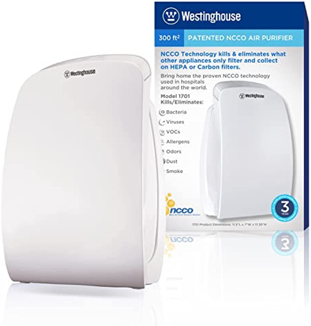 Westinghouse 1701 HEPA Air Purifier with Patented Medical Grade NCCO Technology for Home, Eliminates & Kills Bacteria and Viruses, Filters Dust, Pet Dander, Odor, Allergies, Smoke – Ideal for Medium to Large Rooms, Office, Kitchen, Bedroom