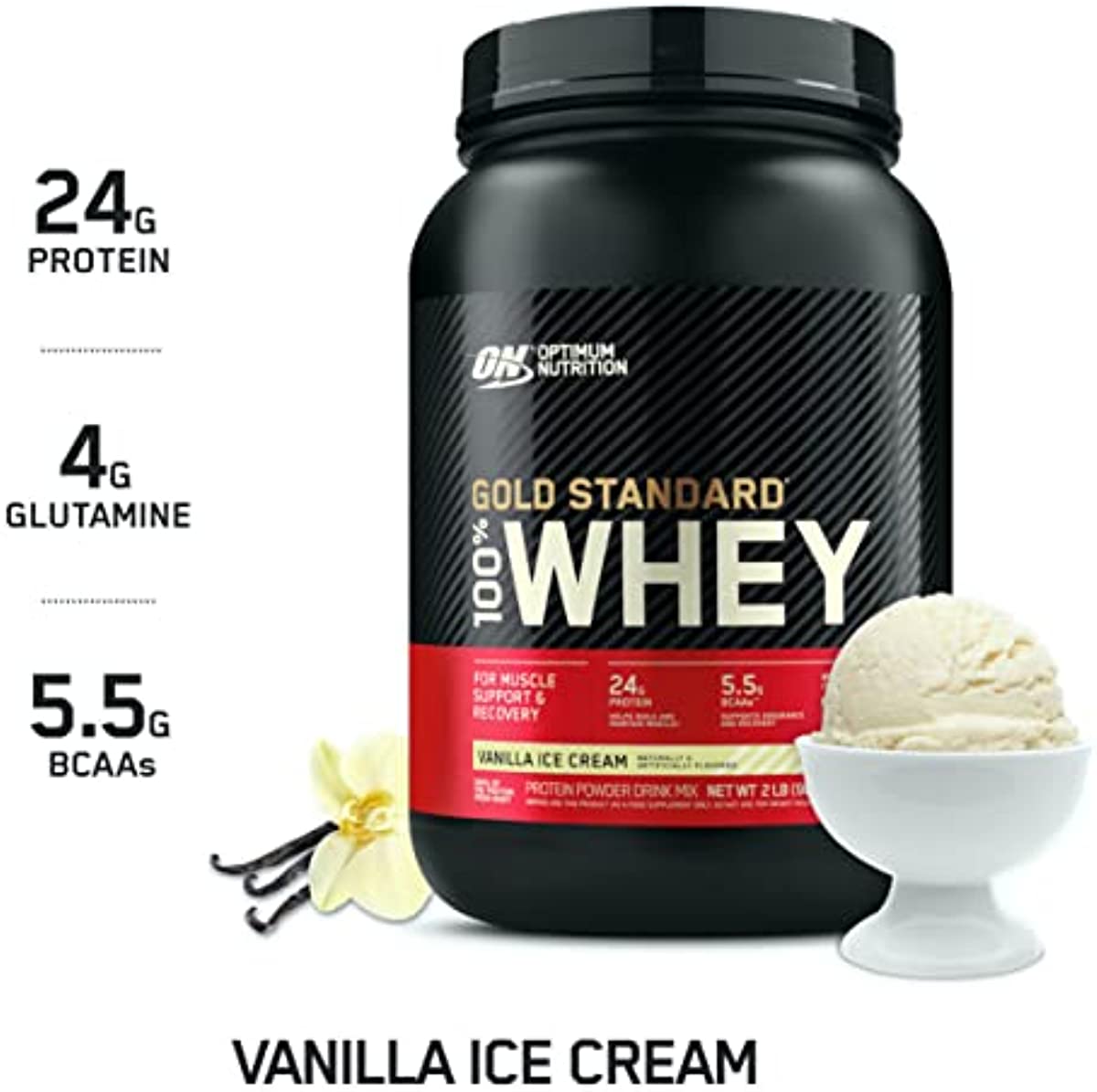 Optimum Nutrition Gold Standard 100{58e4370623e2846cfdba0705e32504bacee2eb066fabc8d9bfc19865a40284f7} Whey Protein Powder, Vanilla Ice Cream, 2 Pound (Packaging May Vary)