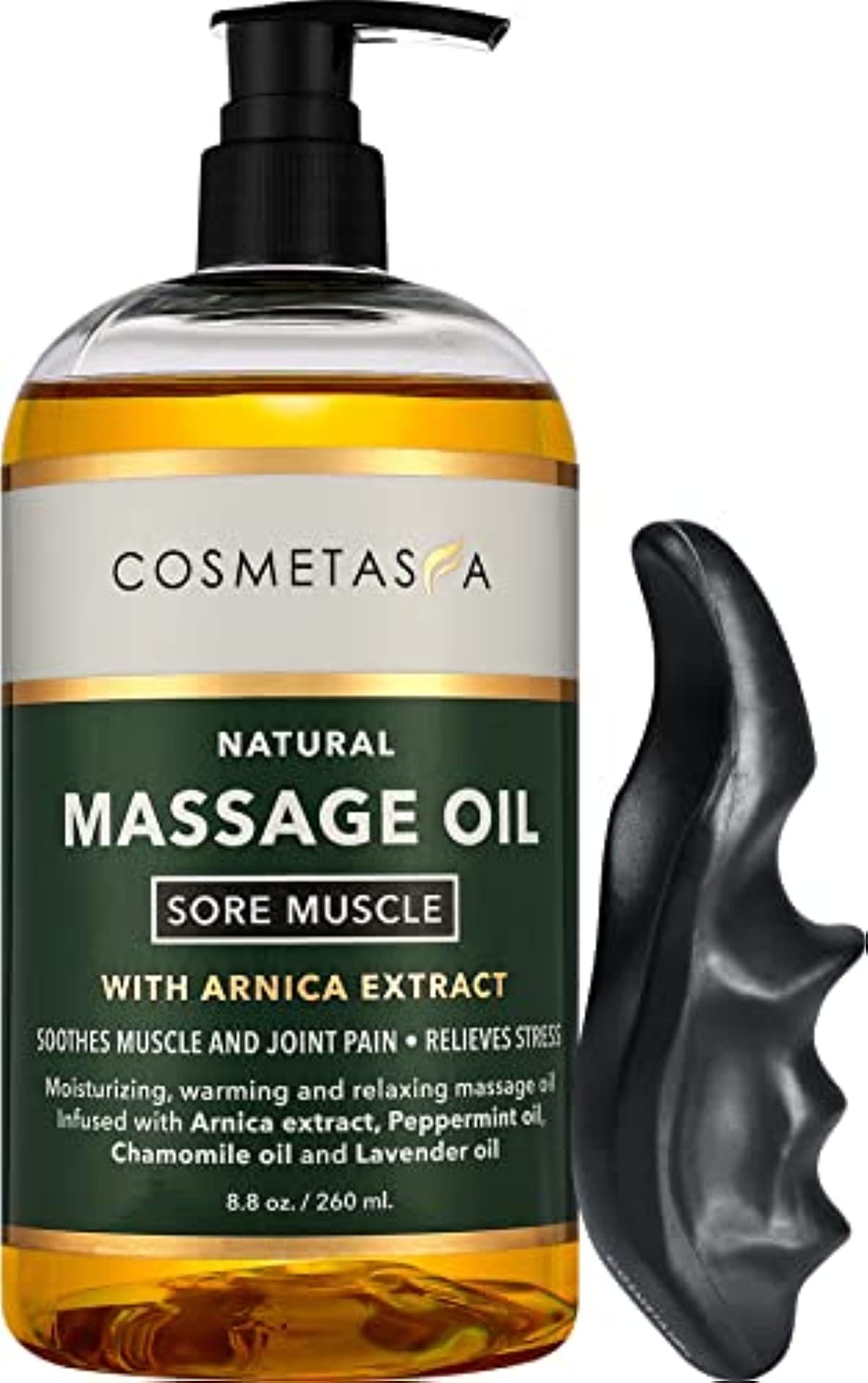 Cosmetasa Sore Muscle Massage Oil with Deep Tissue Massager - Thumb Saver and Oil Soothes Muscle and Joint Pain with Arnica Extract, Peppermint, Chamomile, and Lavender Oil 8.8 Fl Oz