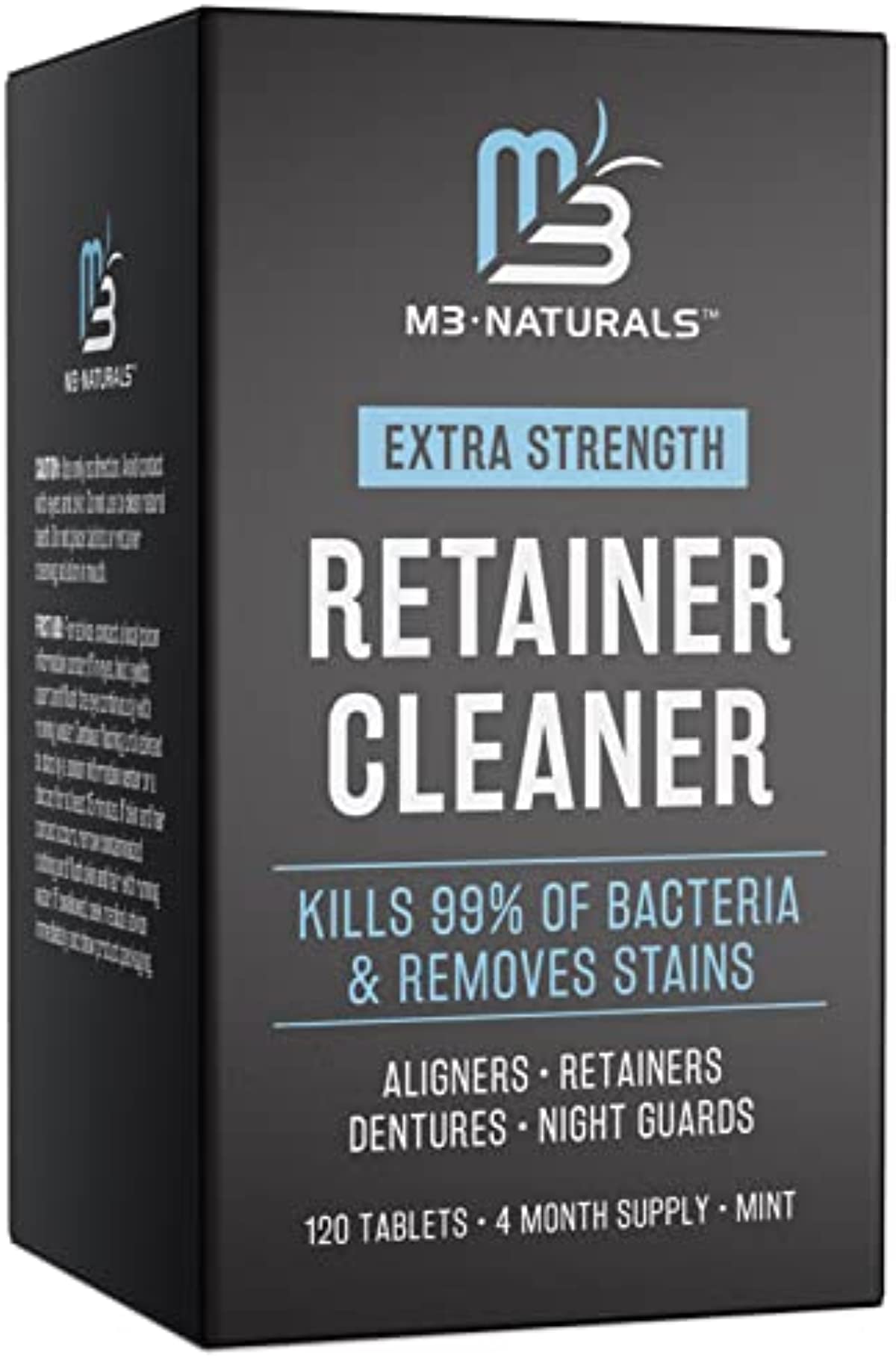 Retainer Cleaner Tablets Bath Remove Odors Discoloration Stains and Plaque 4 Month Supply Denture Cleaner for Retainers Mouth Guards and Invisalign Denture Bath Fresh Mint by M3 Naturals