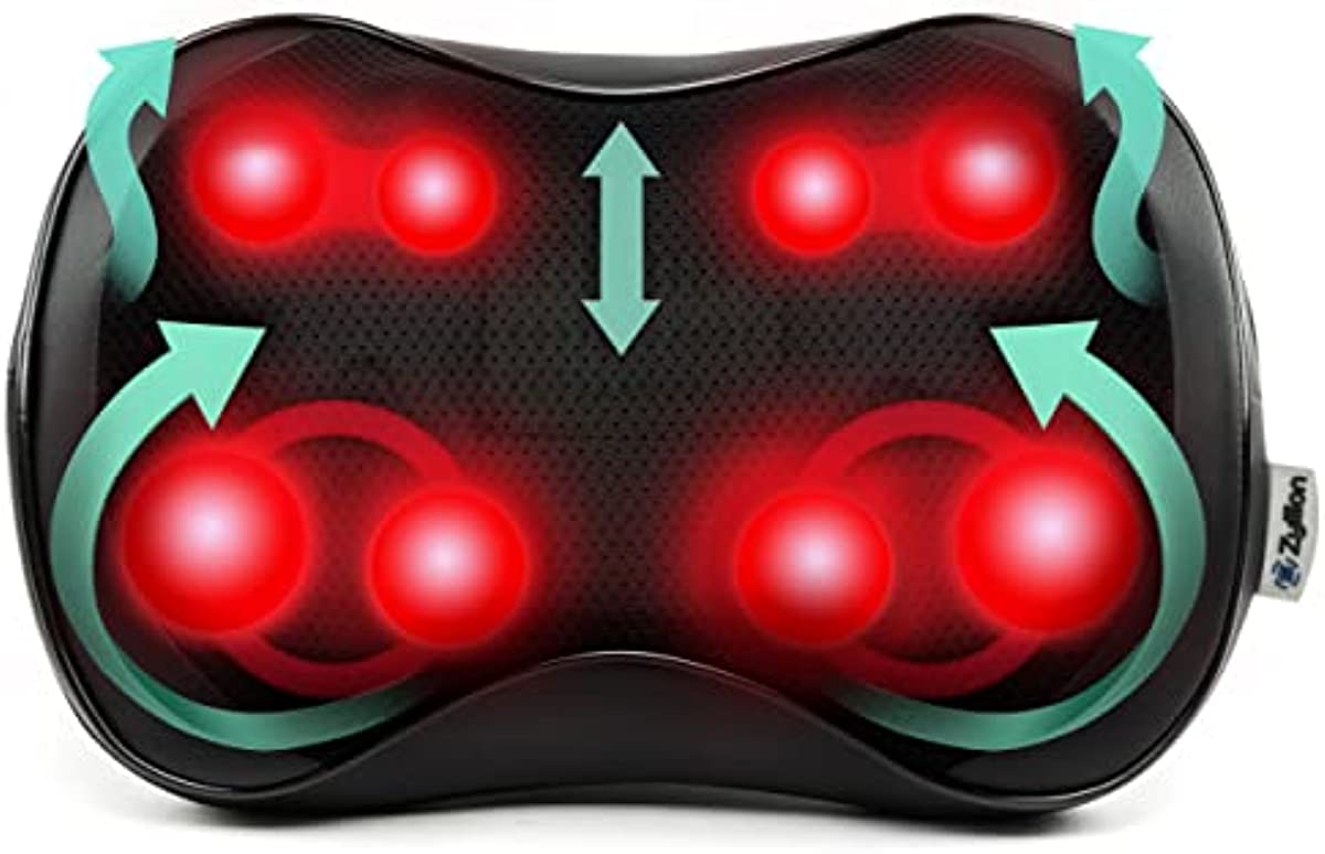 Zyllion Shiatsu Back and Neck Massager - 3D Kneading Deep Tissue Massage Pillow with Heat and 8 Rotating Nodes for Muscle Pain Relief, Chairs and Cars - Black (ZMA-25-BKBK)