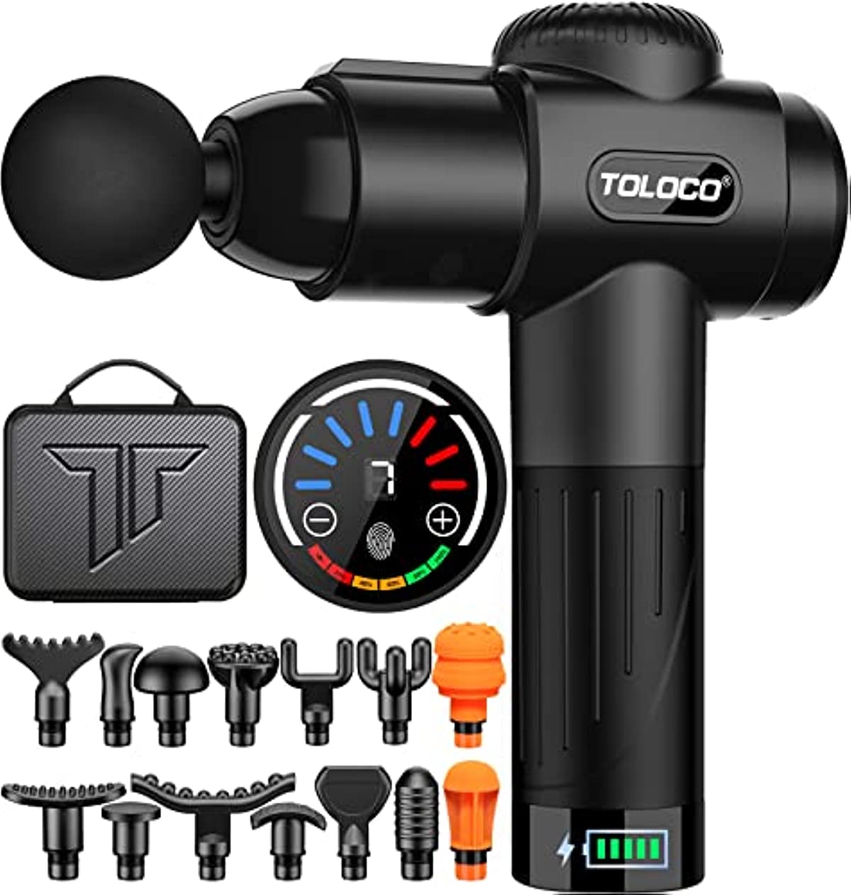 TOLOCO Massage Gun, Muscle Massagers with 15 Interchangeable Heads, Featuring Quiet Glide Technology, Compact Muscle Deep Tissue Treatment for Any Pain Relief, Portable Percussion Massager, Black