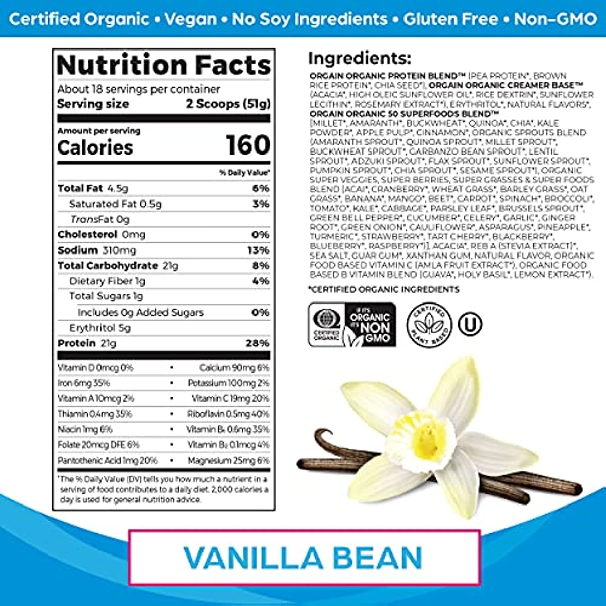 Orgain Organic Protein + Superfoods Powder, Vanilla Bean - 21g of Protein, Vegan, Plant Based, 5g of Fiber, No Dairy, Gluten, Soy or Added Sugar, Non-GMO, 2.02lb