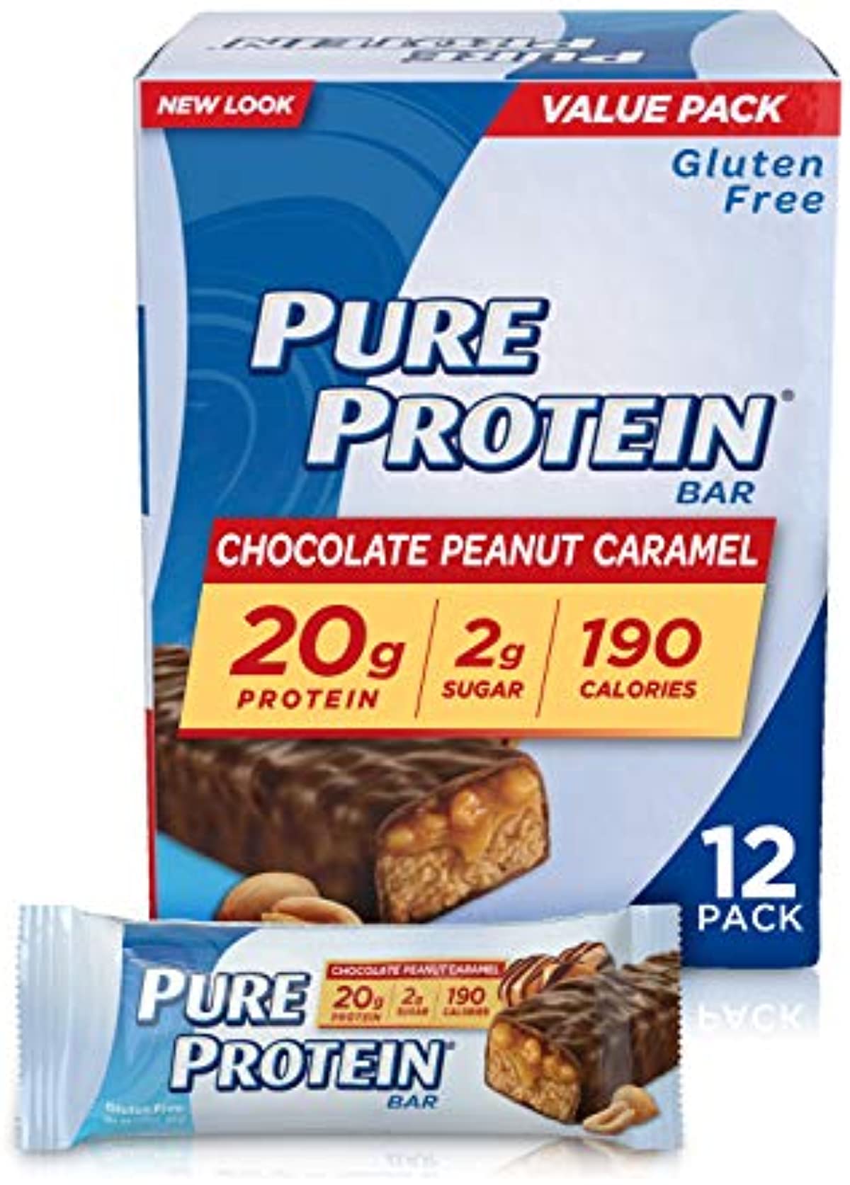 Pure Protein Bars, High Protein, Nutritious Snacks to Support Energy, Low Sugar, Gluten Free, Chocolate Peanut Caramel, 1.76 oz., 12 Count