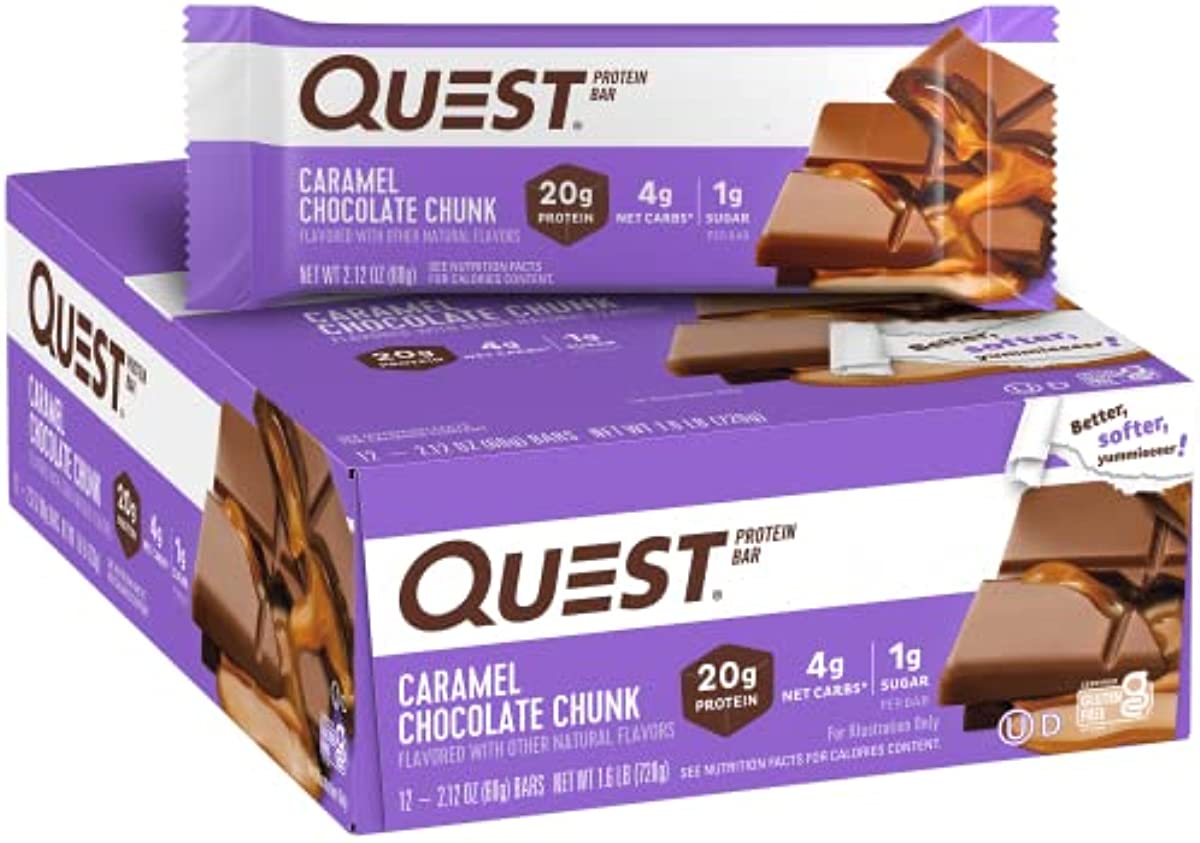 Quest Nutrition Caramel Chocolate Chunk Protein Bars, High Protein, Low Carb, Gluten Free, Keto Friendly, 12 Count