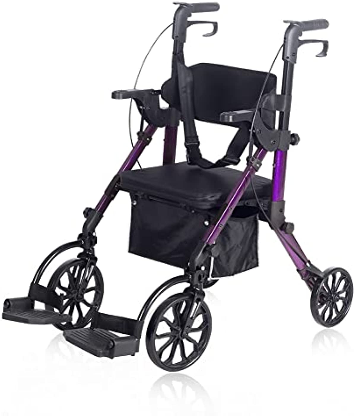 Elenker 2 in 1 Rollator Walker & Transport Chair, Folding Wheelchair Rolling Mobility Walking Aid with Seat Belt, Padded Seat and Detachable Footrests for Adult, Seniors (Purple)