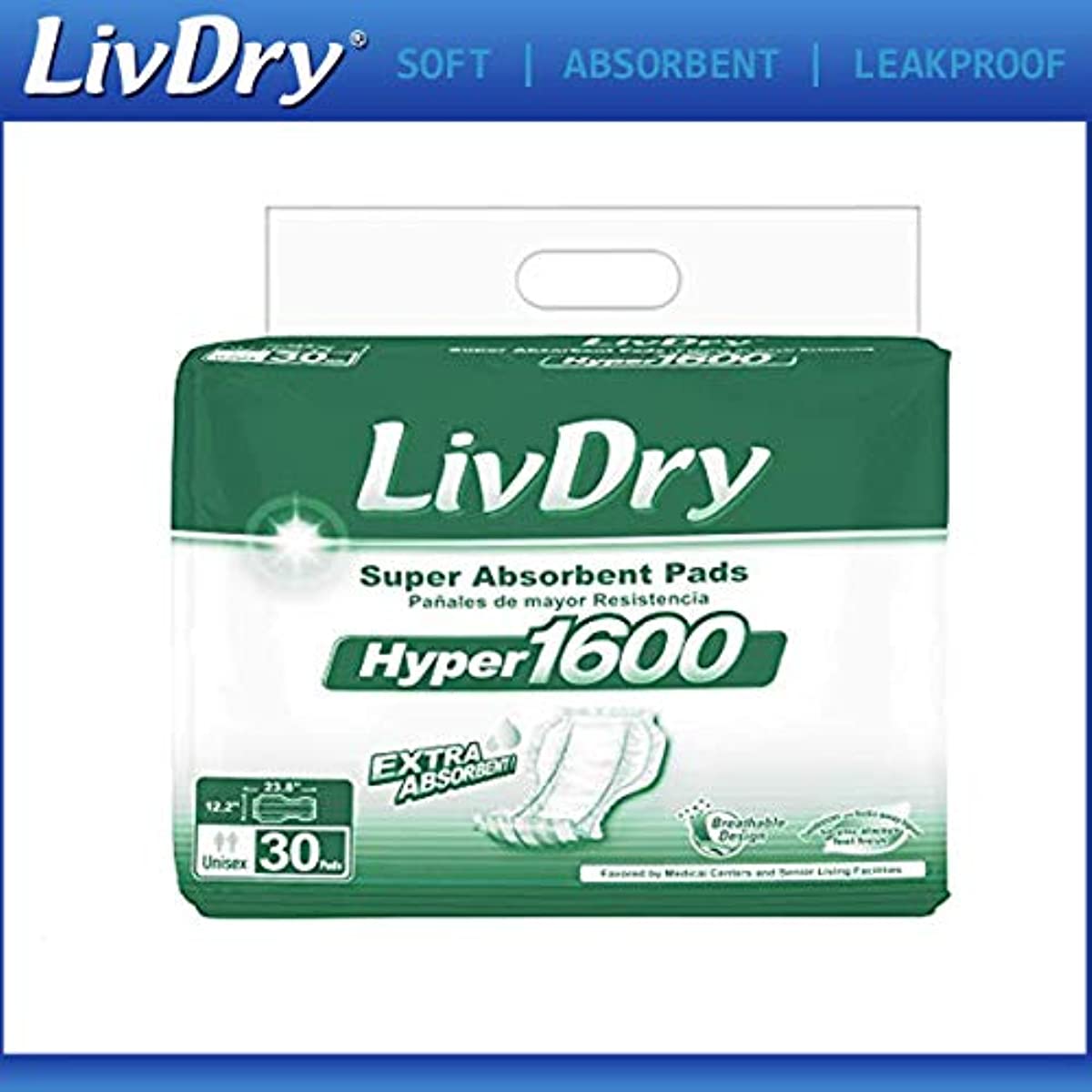 LivDry Incontinence Pad Insert for Men and Women | Extra Absorbency with Odor Control (Hyper 1600 (30 Count))