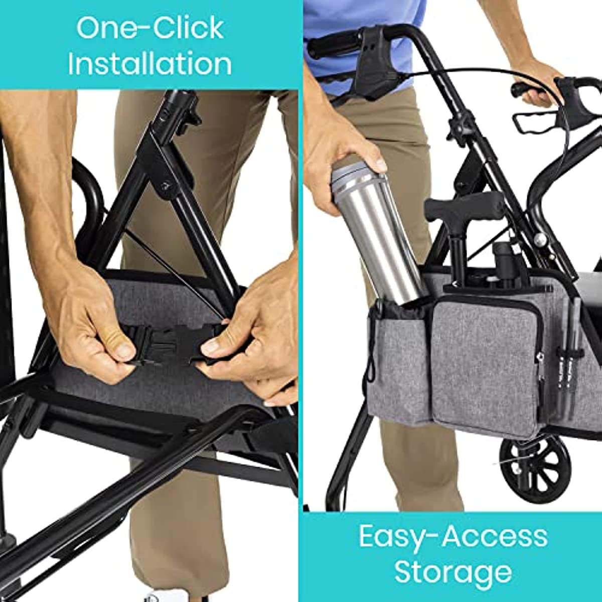 Vive Side Bag for Rollators, Wheelchairs, Walkers - Tote Organizer with Phone Pocket - Storage Travel Pouch - Small Hanging Stroller Accessories for Women, Men, Seniors - Non Slip Cup Holder