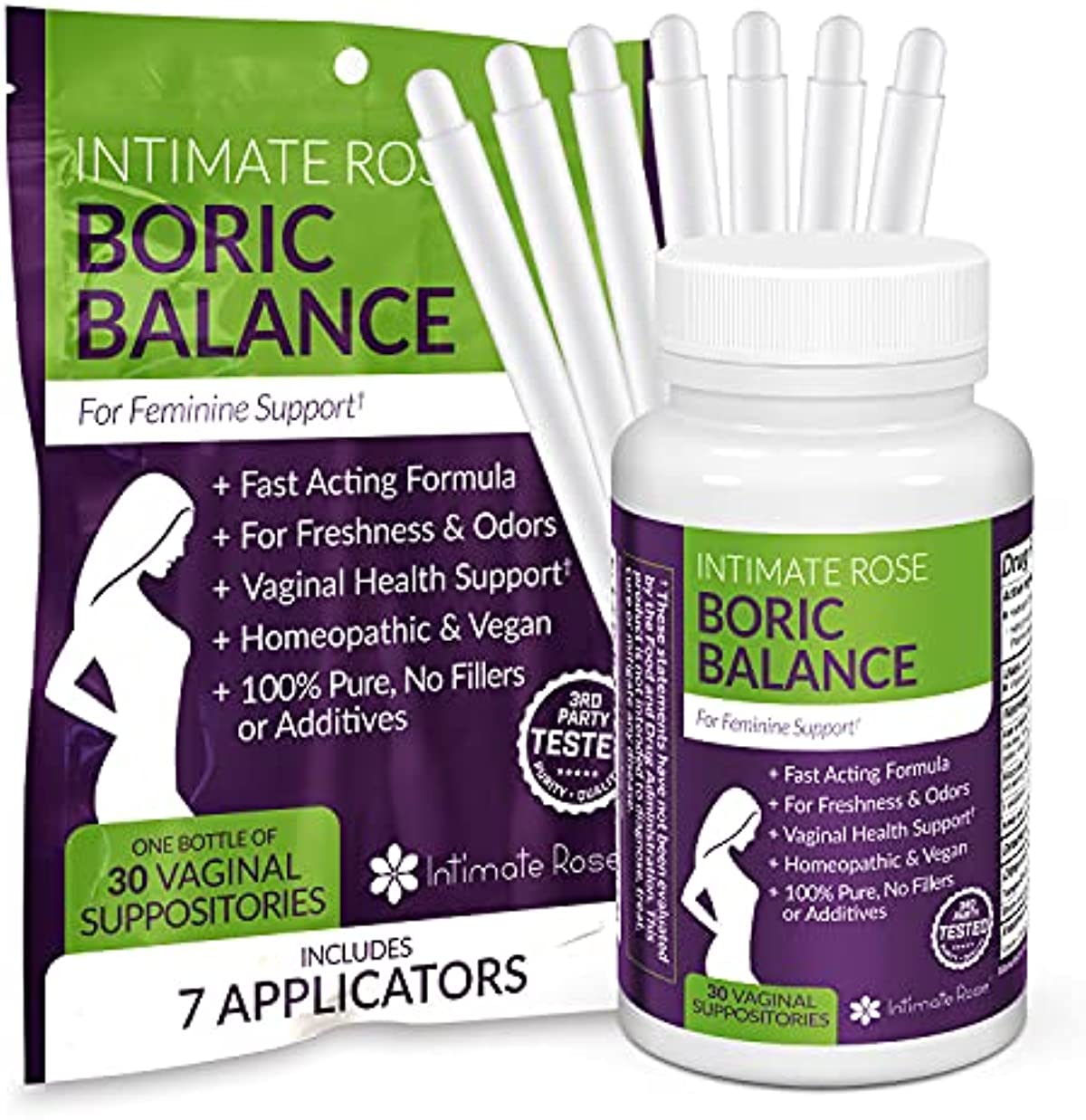 Boric Acid Suppositories - Helps Fight Against BV, Yeast Infections - Manages Odor - Promote pH Balance for Women Vaginal Health - 30-Count Medical Grade Boric Acid (600mg) + 7 Applicators