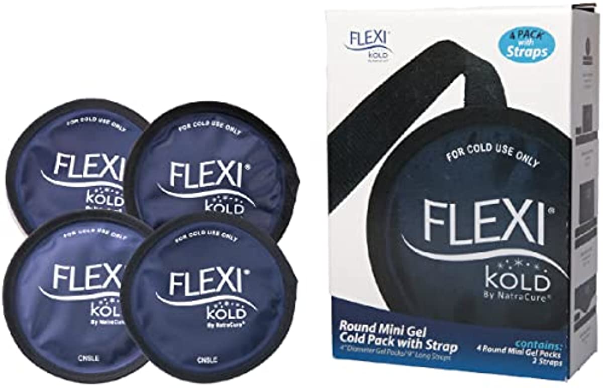 FlexiKold Gel Ice Pack Circles w/Straps (4 Circles per Pack) - 24 Pack of Reusable Round Cold Pack Compress for Kids Injuries, Breastfeeding, Wisdom Teeth, Sinus Headaches - 6304-STRAP4-24