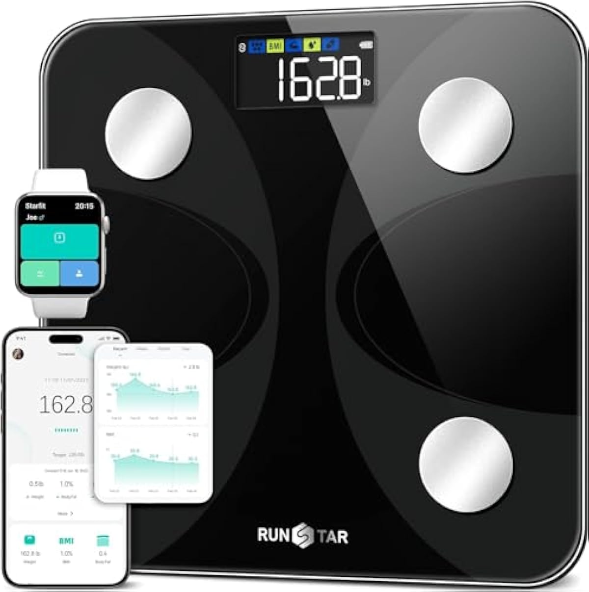 Runstar Smart Scale for Body Weight and Fat Percentage, High Accuracy Digital Bathroom Scale FSA or HSA Eligible with LCD Display for BMI 13 Body Composition Analyzer Sync with Fitness App