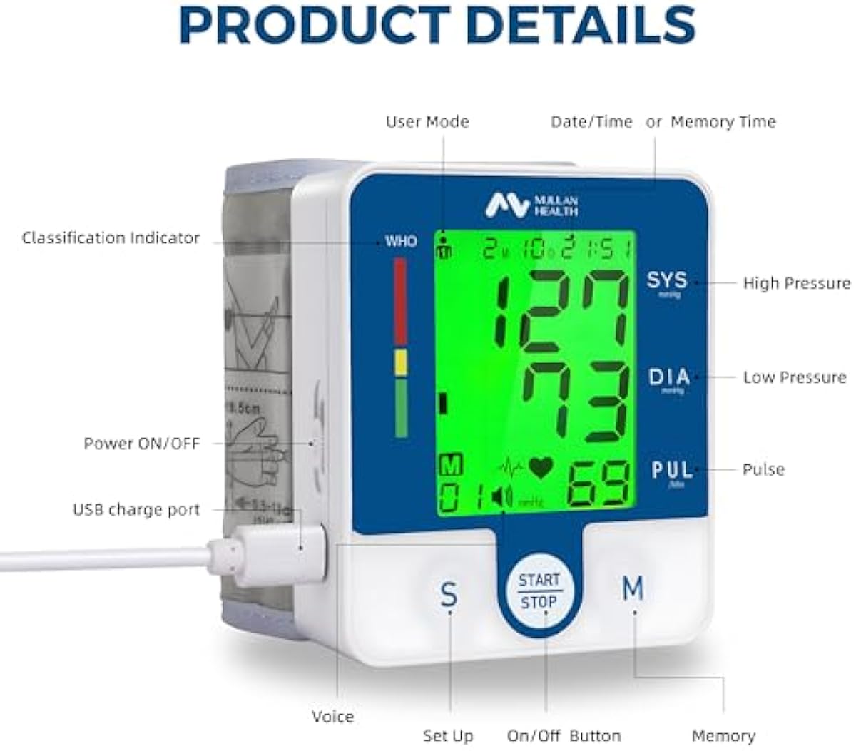 Wrist Blood Pressure Monitor, Automatic Wrist Blood Pressure Machine with Easy One-Touch Operation, Attached Blood Pressure Cuff and Storage