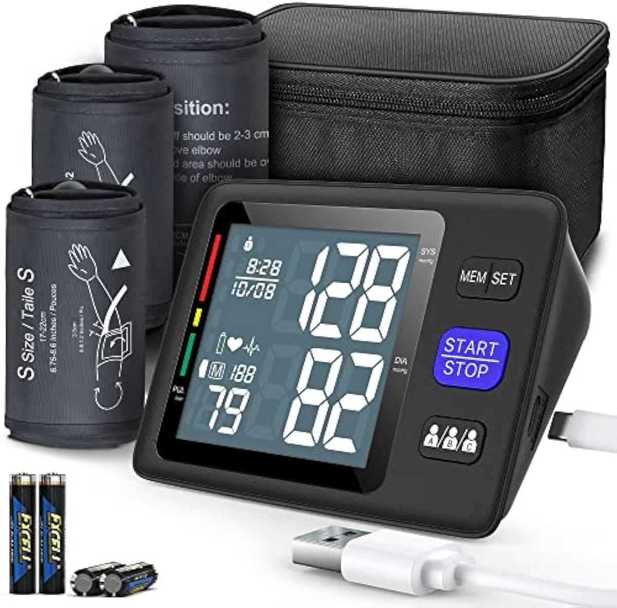 Blood Pressure Machine Upper Arm, 3 Size Cuffs, S, M/L and XL, Small 7\"-9\", Medium/Large 9\"-17\" and Extra Large Cuff 13\"-21\", Accurate Automatic Digital BP Monitor, Large Backlit LCD, 3-User 1500 MEM