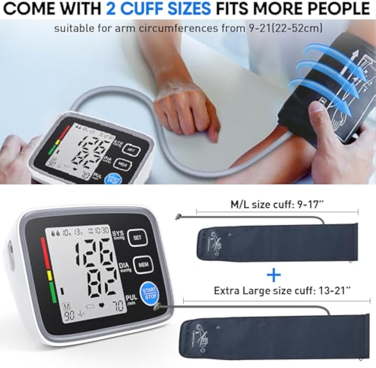 Upper Arm Blood Pressure Monitor for Home Use 2 Cuff Sizes, 9-17\'\' & 13-21\'\'Extra Large BP Cuff Automatic Digital Blood Pressure Machine 2 Users 180 Memories USB Cable 4 AA Batteries