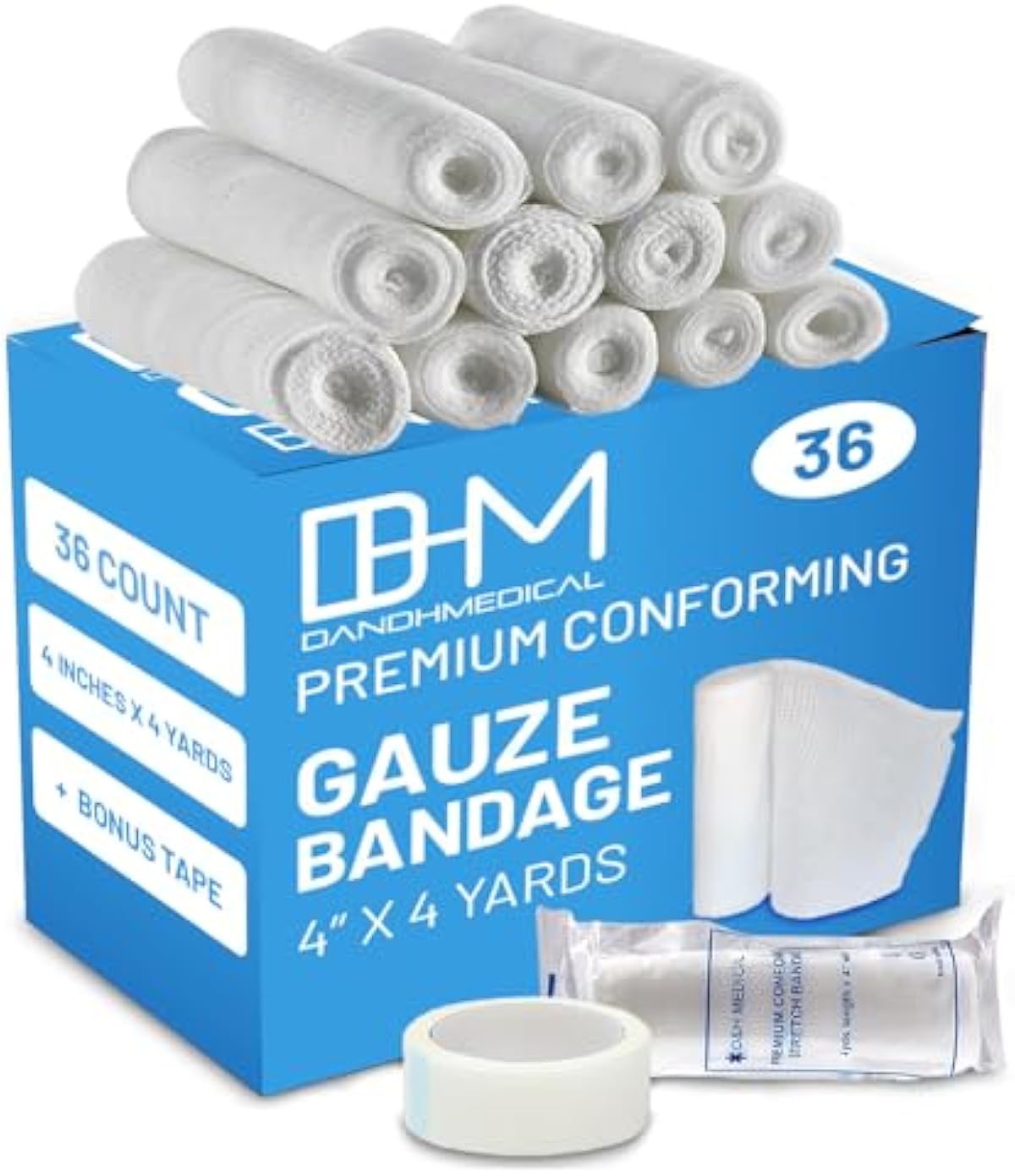 D&H Medical Pack of 36 Gauze Bandage Roll 4 Inches x 4.1 Yards with Tape - Medical Gauze Wrap for Wounds Care - Easy to Use Cotton Gauze Rolls for Hand Wrap Dressing Ankles & Knees