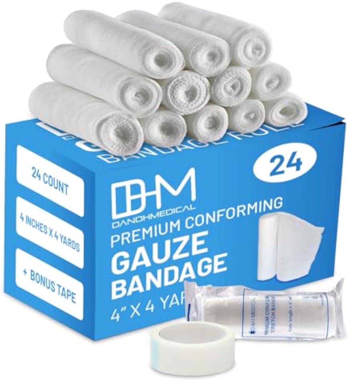 D&H Medical Pack of 24 Gauze Bandage Roll 4 Inches x 4 Yards - Medical Gauze Wrap for Wounds Care - Easy to Use Cotton Gauze Rolls for Hand Wrap Dressing Ankles & Knees