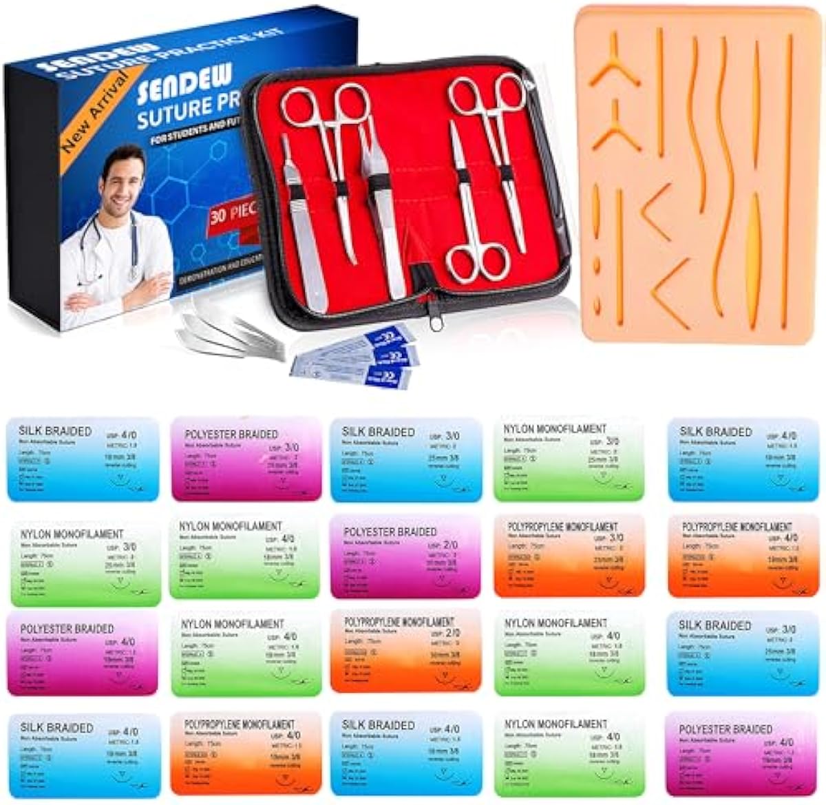 Suture Kit (30 Pcs) for Training Suture Pad Practice Kit for Medical Dental Vet Training Students, Including Large Silicone Pad,Tool Kit with Needles-Demonstration Purpose Only