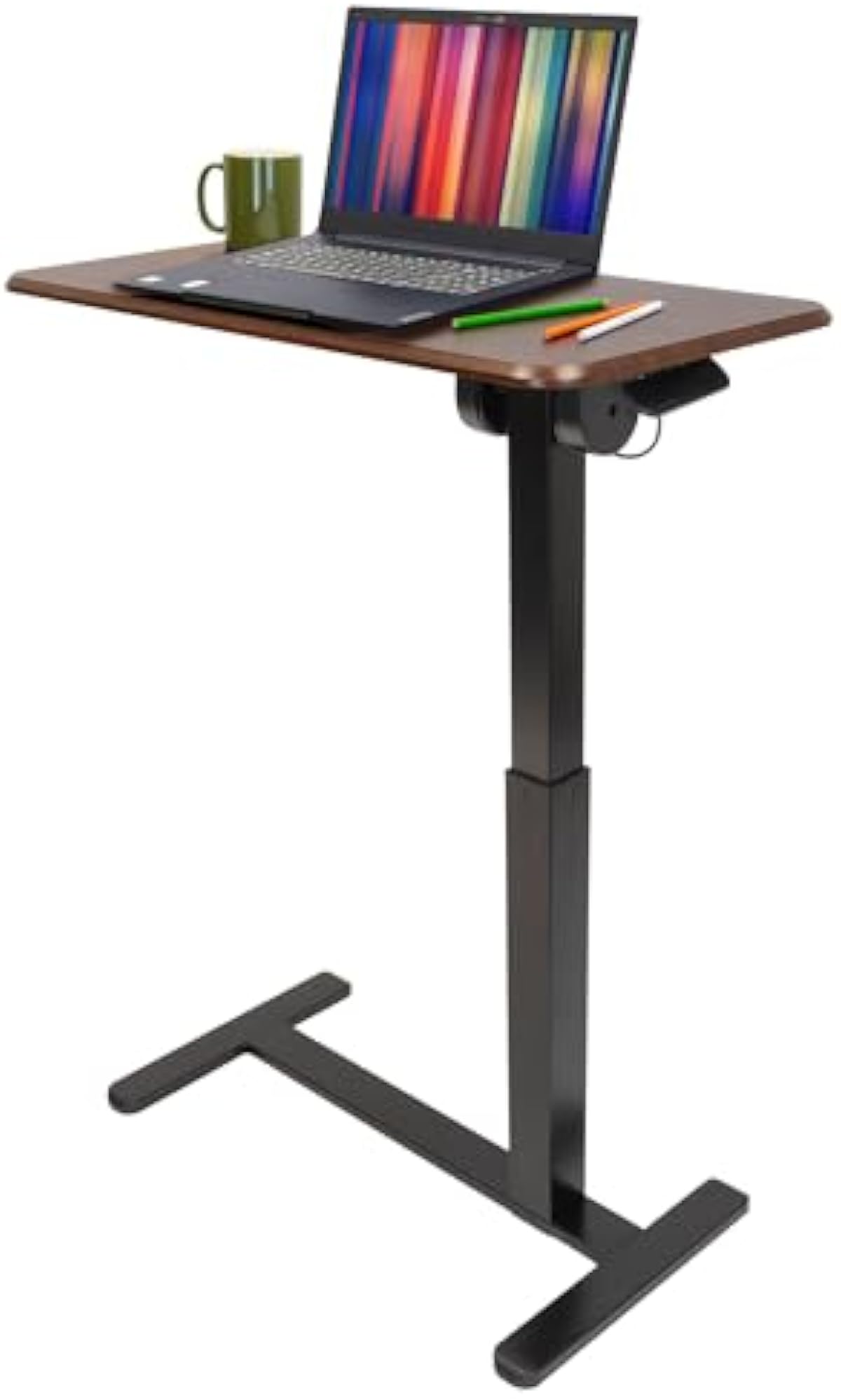 Mount-It! Rolling Bedside Table, Overbed Tray Table on Wheels for Hospital or Home Meals in Bed, Adjustable Height Tilting Swivel Standing Laptop Desk 31\"x15\" with Wheels, Walnut Color 27\" to 41\" High