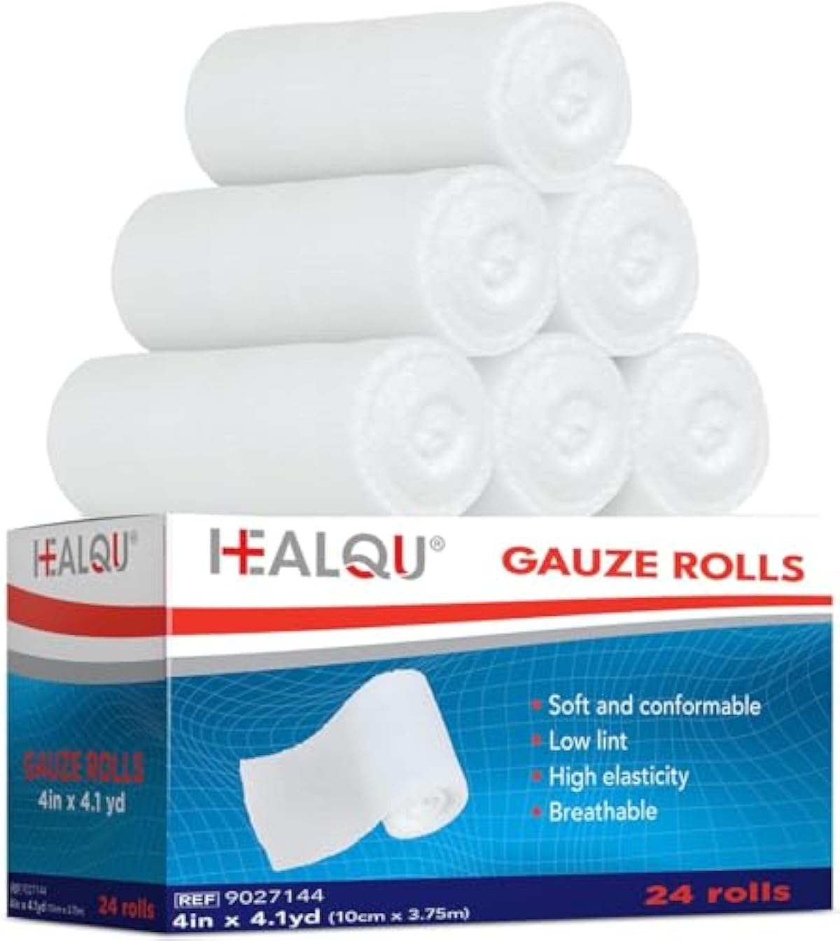 HEALQU Premium Gauze Rolls - 4” x 4.1 Yards - 24 Rolls, Individually Wrapped Conforming Stretch Gauze Bandage - Super Soft Woven Stretch Gauze Bandages for Primary Wound Dressing Support