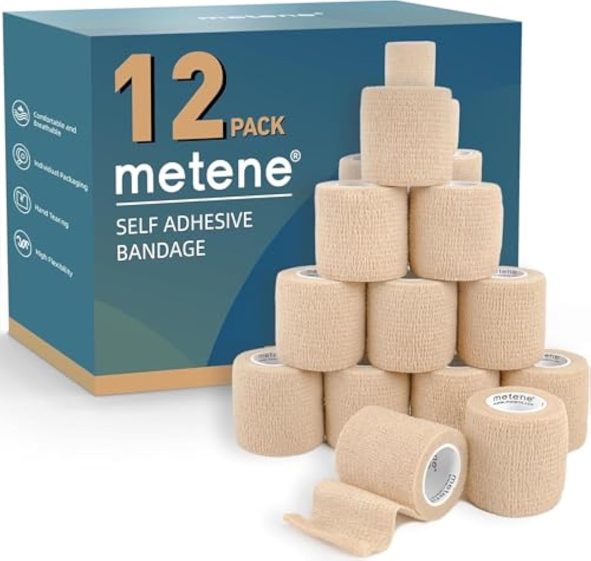 Metene Self Adhesive Bandage Wrap 12 Pack, Athletic Tape 2 Inches X 5 Yards, Sports Tape, Breathable, Waterproof, Elastic Bandage for Sports, Wrist and Ankle Wrap Tape, Non-Woven Bandage(Beige)