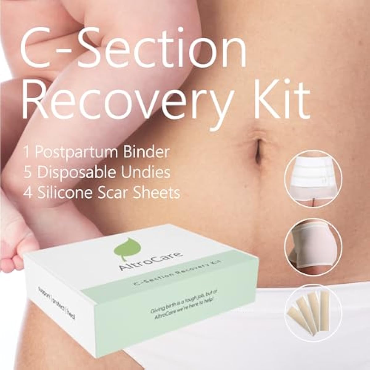 Postpartum C-Section Recovery Kit with postpartum essentials: abdominal belly band, disposable underwear and silicone scar sheets. (L/XL)