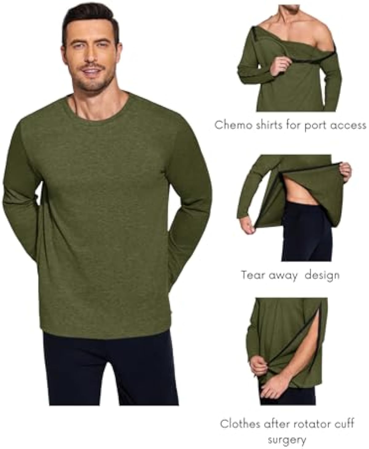 Deyeek Micro Fleece Post Shoulder Surgery Recovery Shirts For Men Chemo Port Access Shirt Snap Full Tear Away Long Sleeve