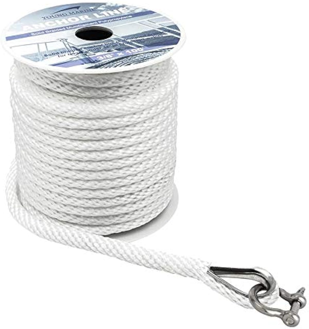 Young Marine Premium Solid Braid MFP Anchor Line Braided Anchor Rope/Line 3/8 Inch 100FT with Stainless Steel Thimble & Shackle (3/8\" x 100\', White)