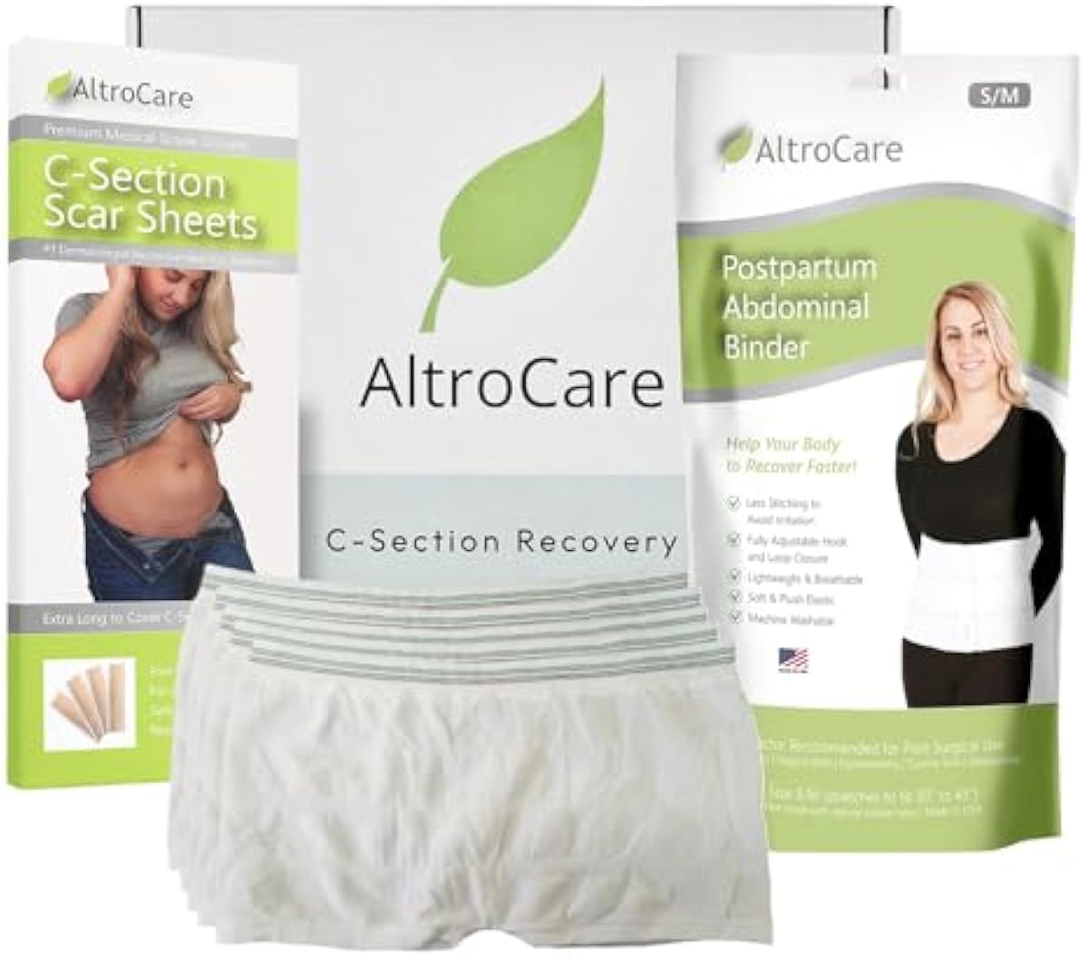 Postpartum C-Section Recovery Kit with postpartum essentials: abdominal belly band, disposable underwear and silicone scar sheets. (L/XL)