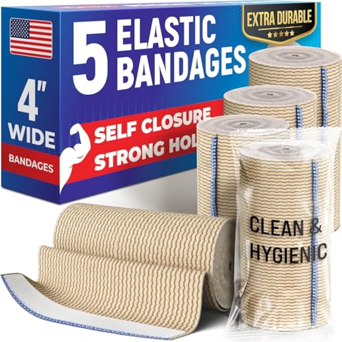 Premium Elastic Bandage Wrap - 4” (5pk) - Strong Compression - Self-Closing Reusable Bandages for Legs and Arms - Wrist, Elbow, Foot, Knee Wrap