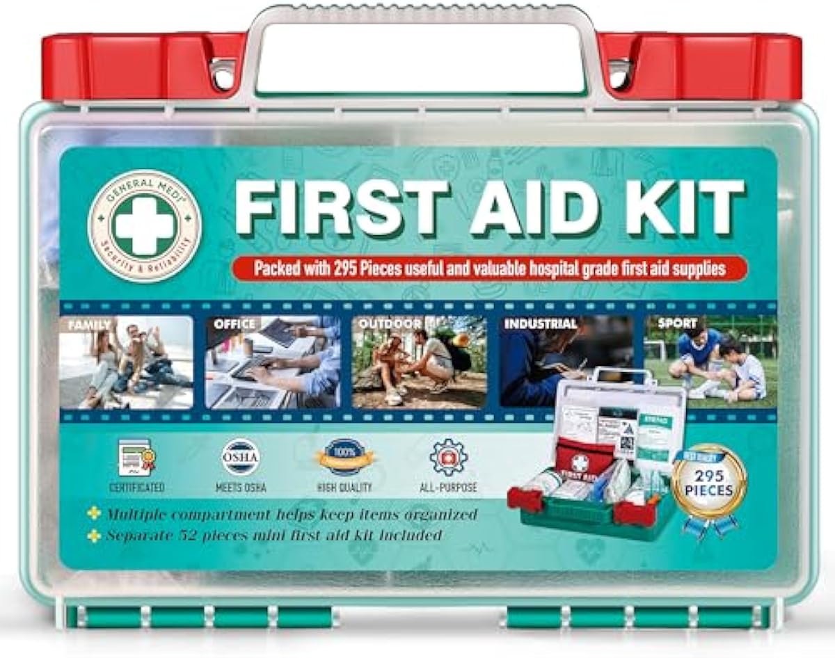 General Medi 295 Pieces Professional First Aid Kit - HardCase First Aid Box - Contains Premium Medical Supplies for Travel, Home, Office, Vehicle, Camping, Workplace & Outdoor