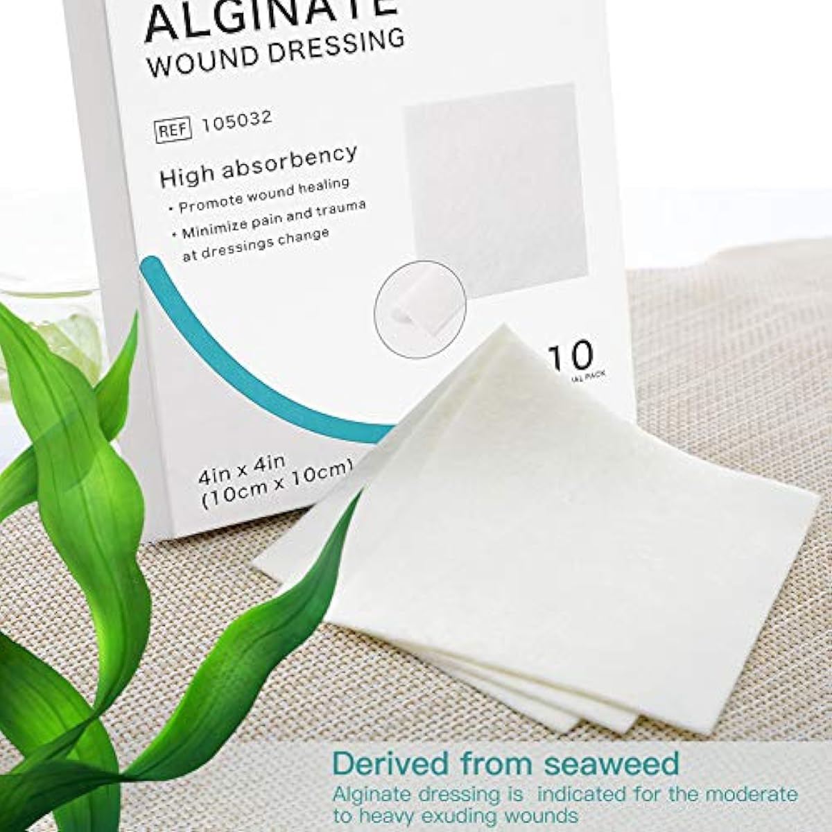 Dimora Calcium Alginate Wound Dressing, 4\'\' x 4\'\' Patches,10 Individual Sterile Pads, Soft and Highly Absorbent Dressing Gauze, Non-Stick Padding