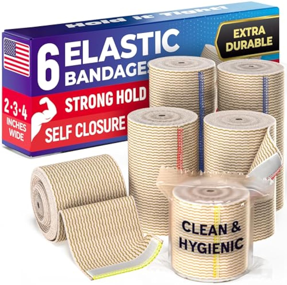 High-Performance Elastic Bandage Wrap - 6pk (2x2in, 2x3in, 2x4in) - Strong Self-Closing Compression Bandage Wrap - Foot, Ankle, Wrist, Knee Wrap