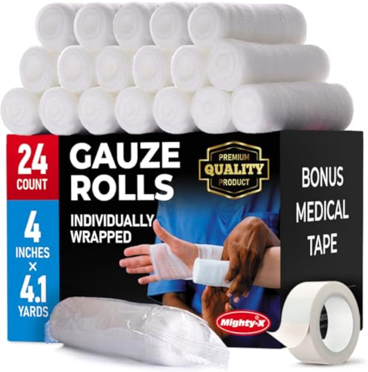 Premium Gauze Rolls - (24 Pack) - 4\" x 4.1yd Breathable Rolled Gauze - Individually Wrapped + Bonus Tape - First Aid Conforming Gauze Wrap Roll for Wounds