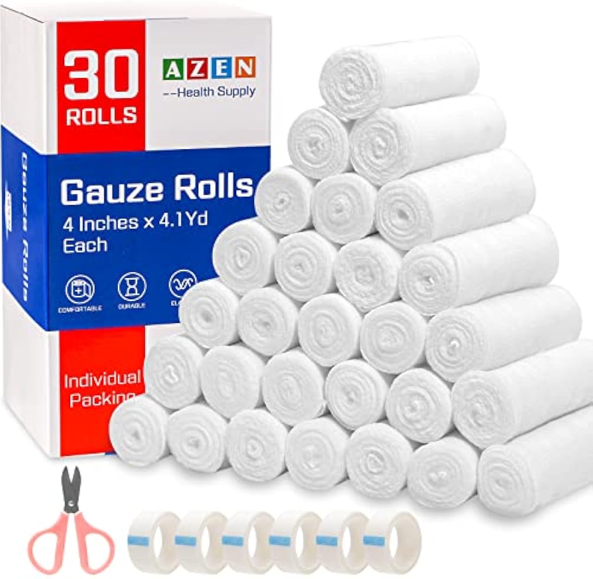 AZEN 30 Pack Gauze Rolls Bandages, 4 in x 4.1 Yards, Premium Medical Supplies & First Aid Supplies, Bandage Wrap Vet Wrap, Mummy Wraps