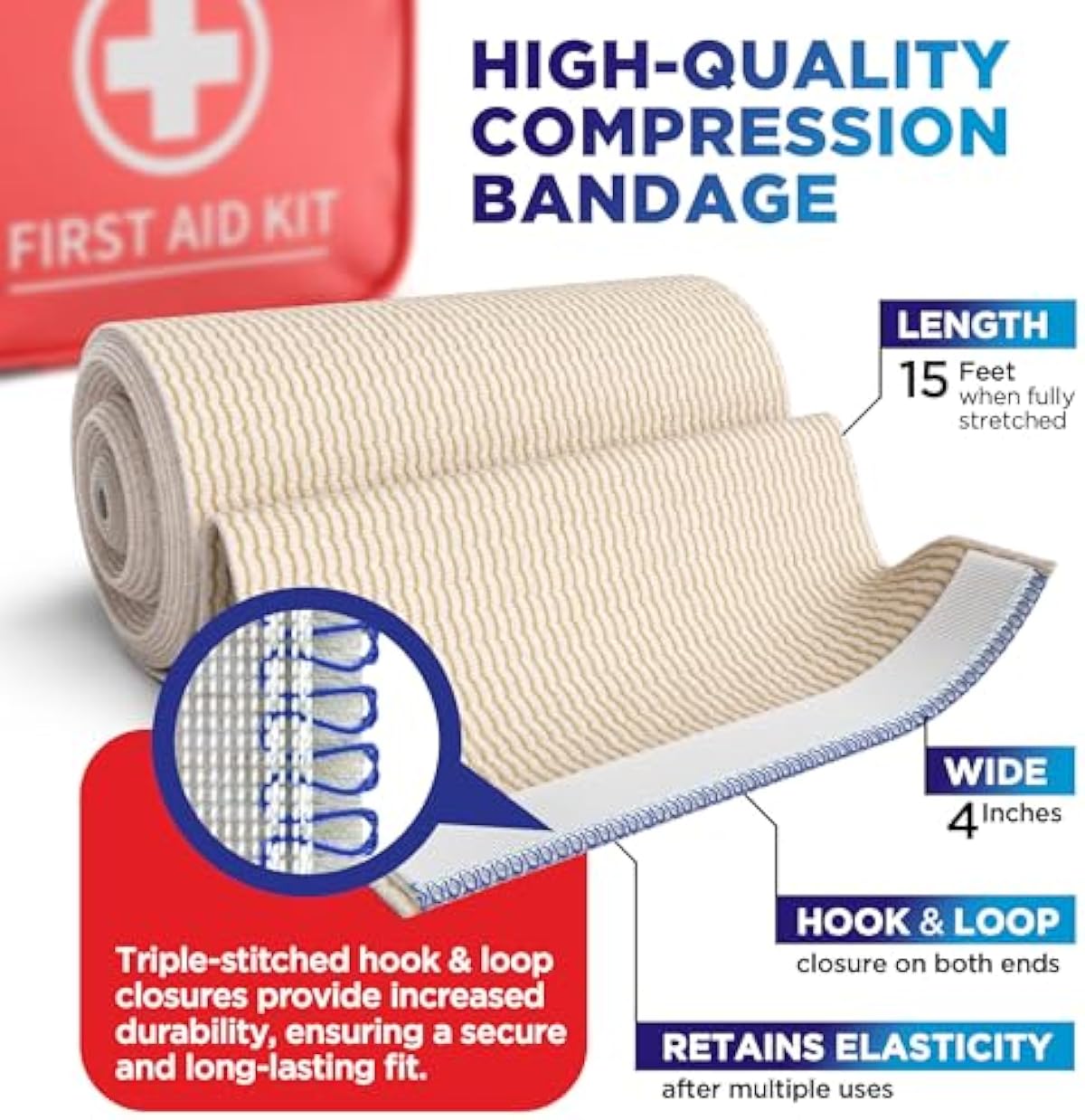 Premium Elastic Bandage Wrap - 4” (5pk) - Strong Compression - Self-Closing Reusable Bandages for Legs and Arms - Wrist, Elbow, Foot, Knee Wrap