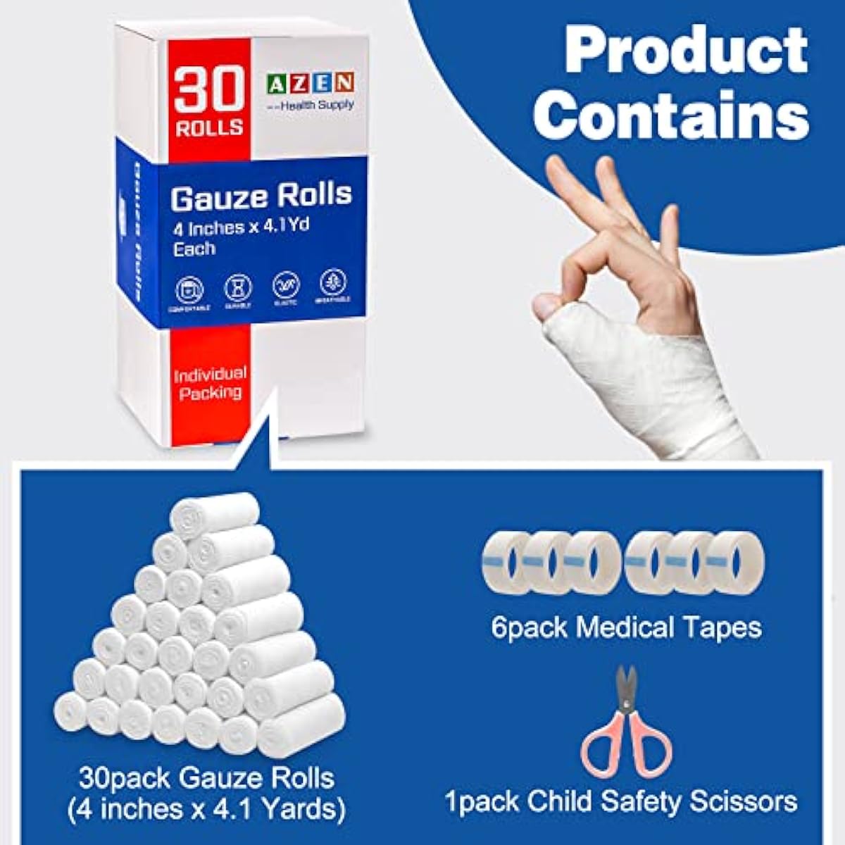 AZEN 30 Pack Gauze Rolls Bandages, 4 in x 4.1 Yards, Premium Medical Supplies & First Aid Supplies, Bandage Wrap Vet Wrap, Mummy Wraps