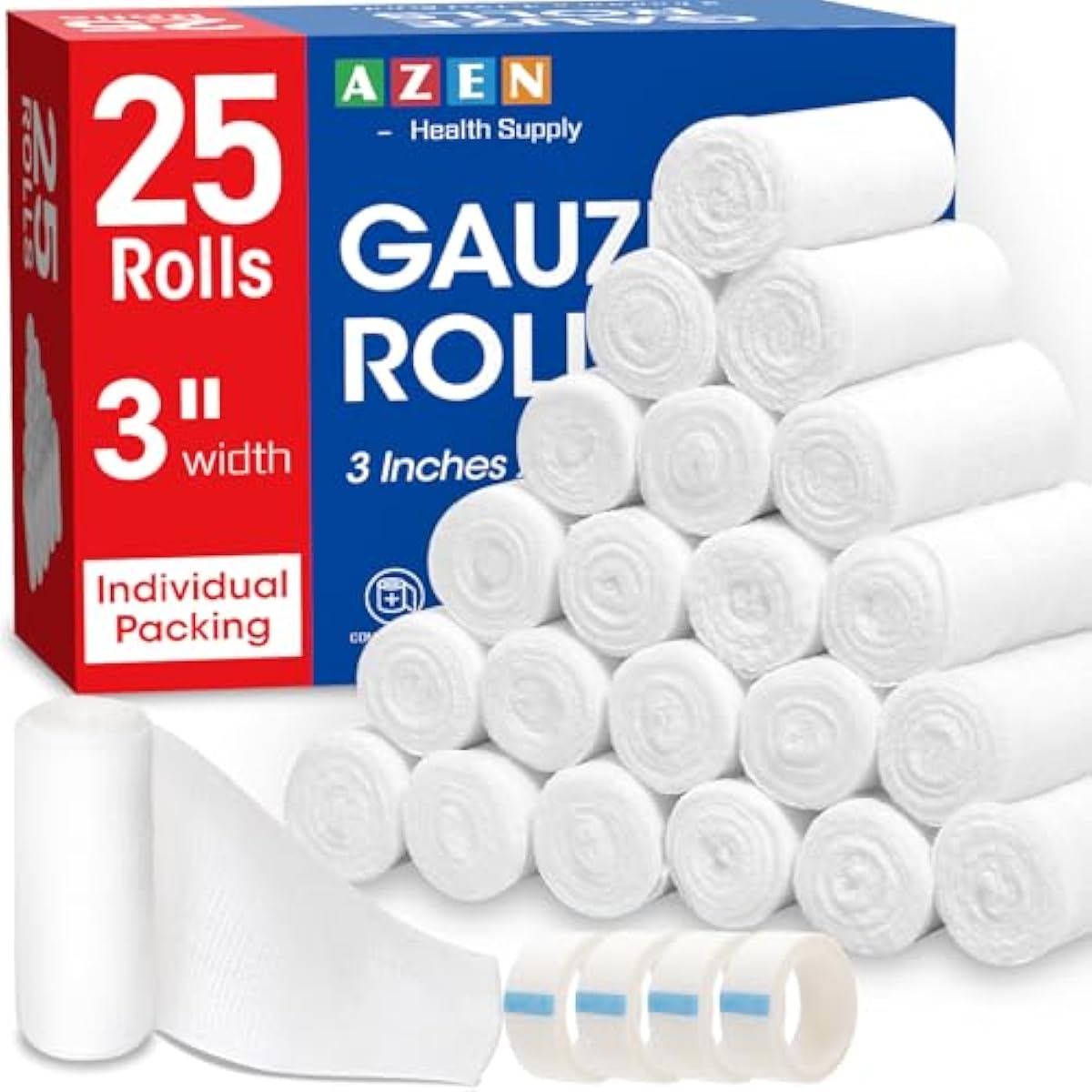 AZEN 25 Pack Gauze Rolls Bandages, 3 in x 4.1 Yards, Premium Medical Supplies & First Aid Supplies, Bandage Wrap Vet Wrap, Mummy Wraps