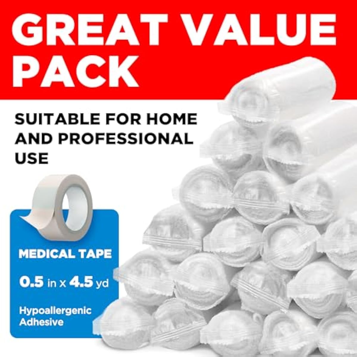 Premium Gauze Rolls - (24 Pack) - 4\" x 4.1yd Breathable Rolled Gauze - Individually Wrapped + Bonus Tape - First Aid Conforming Gauze Wrap Roll for Wounds