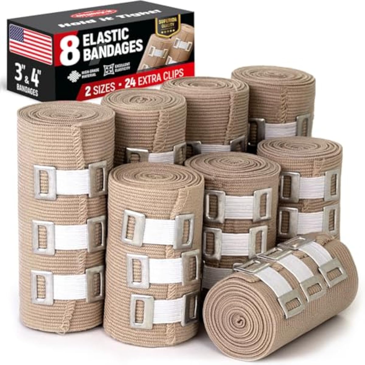 Premium Elastic Bandage Wrap – 8pk (4x3”, 4x4”) + 24 Extra Clips – Strong Compression Bandage Wrap - Wrist, Ankle, Foot, Knee Wrap