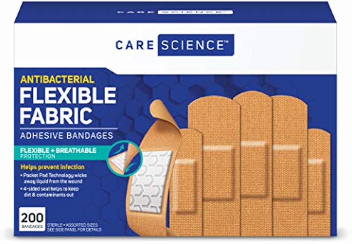 Care Science Fabric Adhesive Bandages, 200 ct Bulk Assorted Sizes | Flexible + Breathable Protection Helps Prevent Infection for First Aid and Wound Care