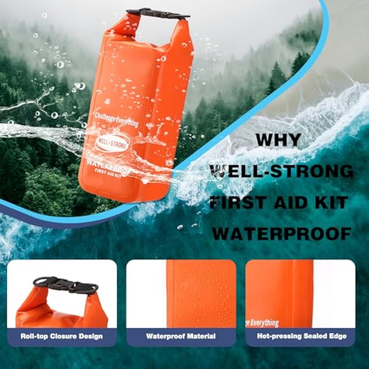 Waterproof First Aid Kit Roll Top Boat Emergency Kit with Waterproof Contents for Fishing Kayaking Boating Swimming Camping Rafting Beach Orange