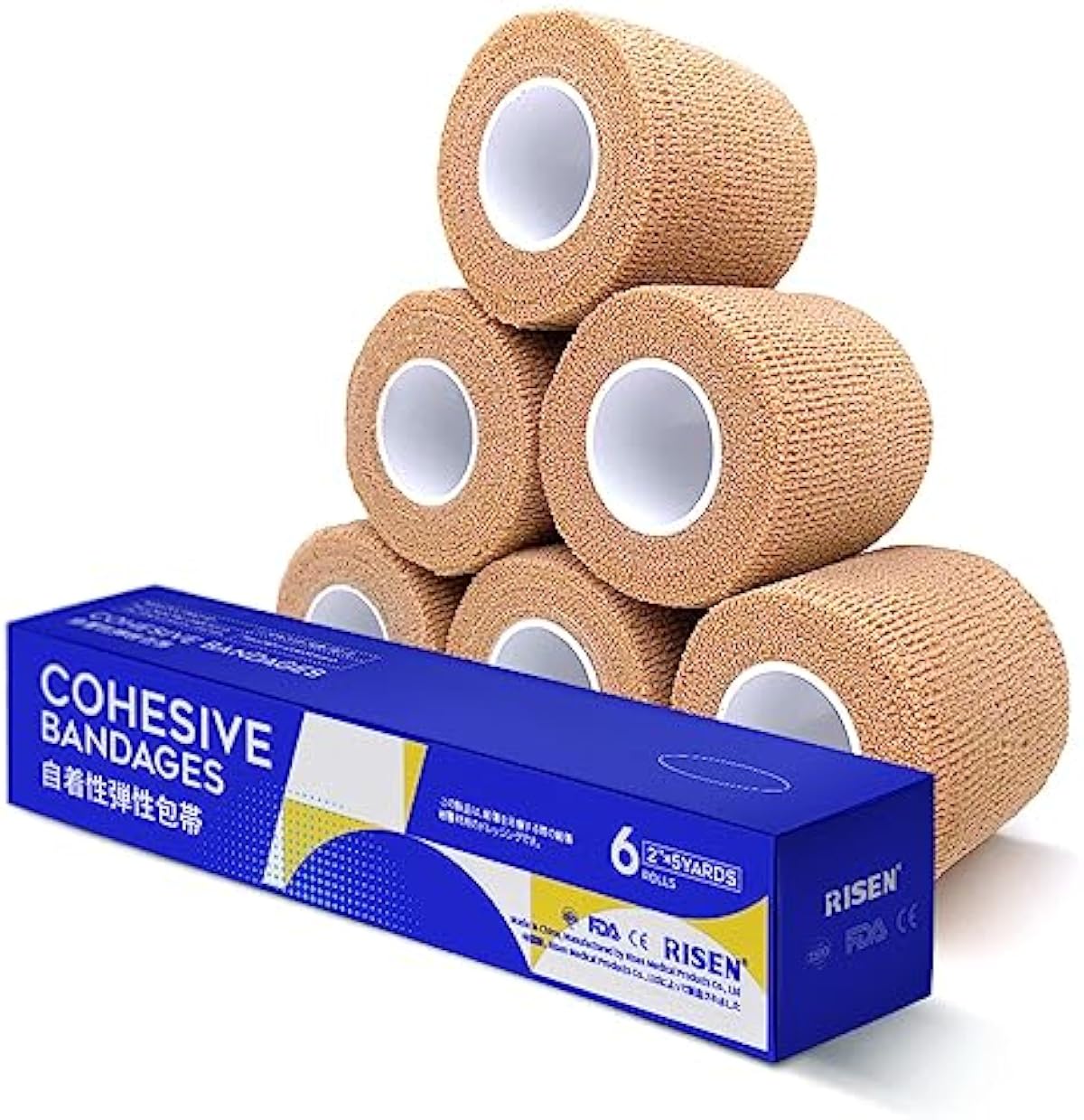 RISEN Cohesive Bandage 2” x 5 Yards, 6 Rolls, Self Adherent Wrap Medical Tape, Adhesive Flexible Breathable First Aid Gauze Ideal for Stretch Athletic