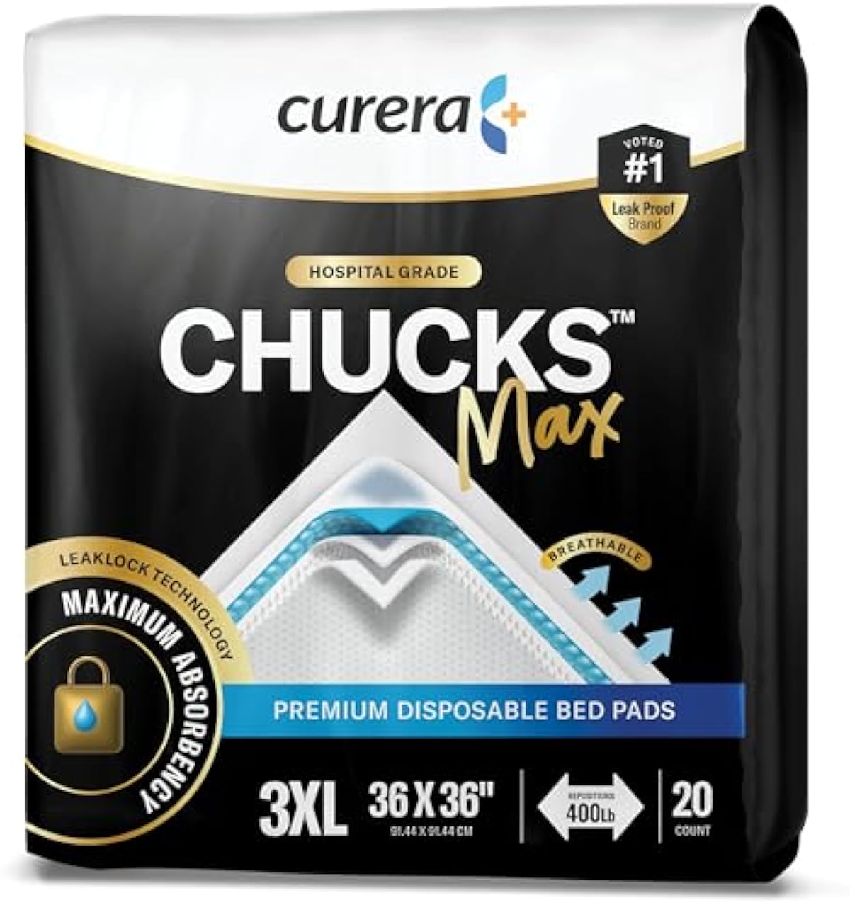 Chucks MAX Hospital Bed Pads Disposable Adult 36 x 36 Breathable Incontinence Pads - XXX-Large Pee Pads for Elderly Adults - Heavy Duty Absorbency Underpads - 400 Lbs. Patient Repositioning [20 Pads]