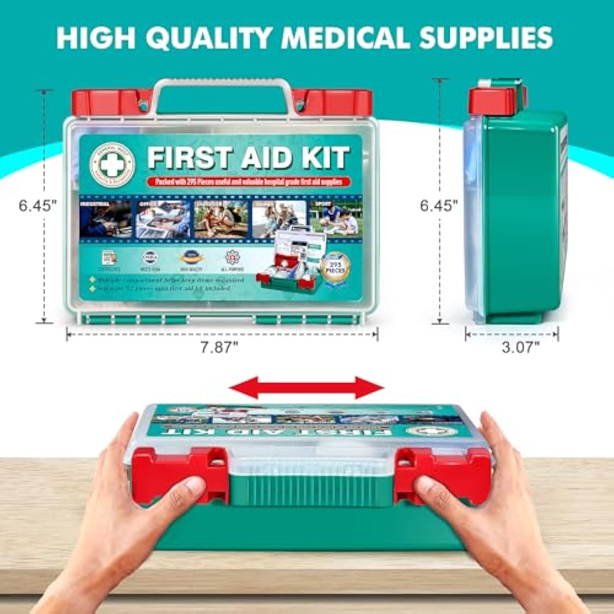 General Medi 295 Pieces Professional First Aid Kit - HardCase First Aid Box - Contains Premium Medical Supplies for Travel, Home, Office, Vehicle, Camping, Workplace & Outdoor