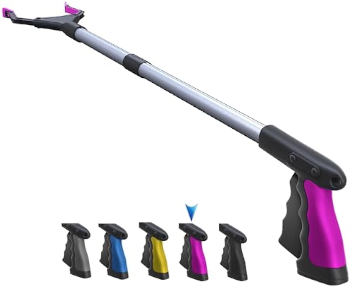 2024 Upgrade PowerGrip T9, Grabber Reacher Tool, Wide Jaw, Foldable, Steel Cable, with 96 Grip Points for Firm Grip, 32\" with Magnet (Pink, 32 Inch)